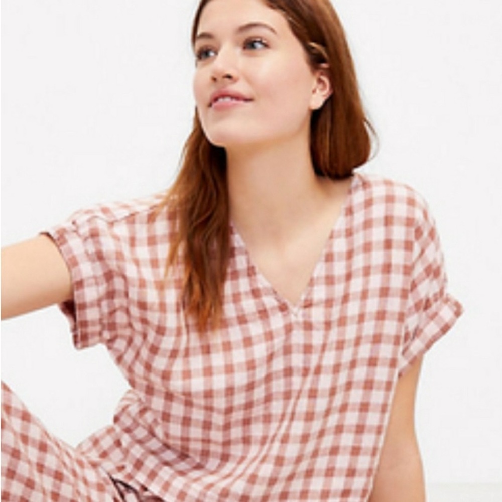 LOU & GREY 100% Linen Cropped Gingham‎ Top Size XS